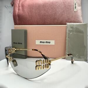 New MIU MIU Logo Sunglasses 2025 Runway Gold Slim Skinny Wrap Rimless Italy